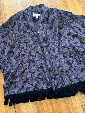 Purple and Black Floral Knit Cape with Fringe